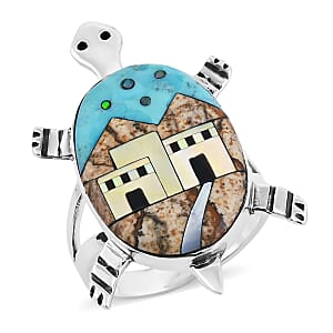 Santa Fe Style Kingman Turquoise and Multi Gemstone 7.25 ctw Pueblo Ring in Sterling Silver (Size 10.0)