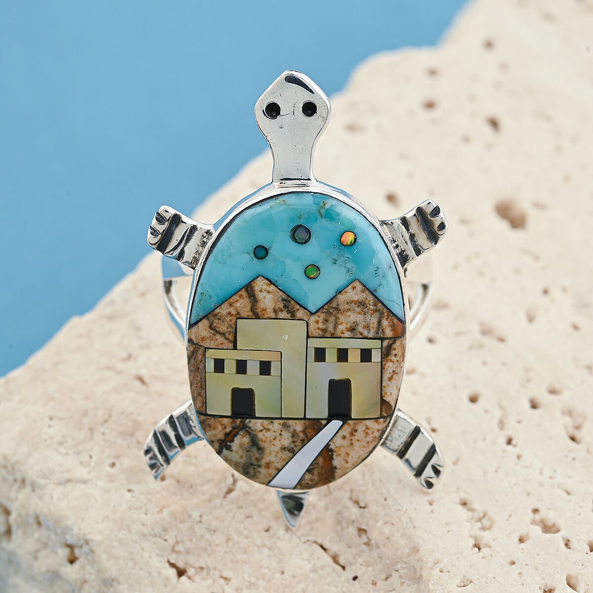 Santa Fe Style Kingman Turquoise and Multi Gemstone 7.25 ctw Pueblo Ring in Sterling Silver (Size 10.0) image number 1