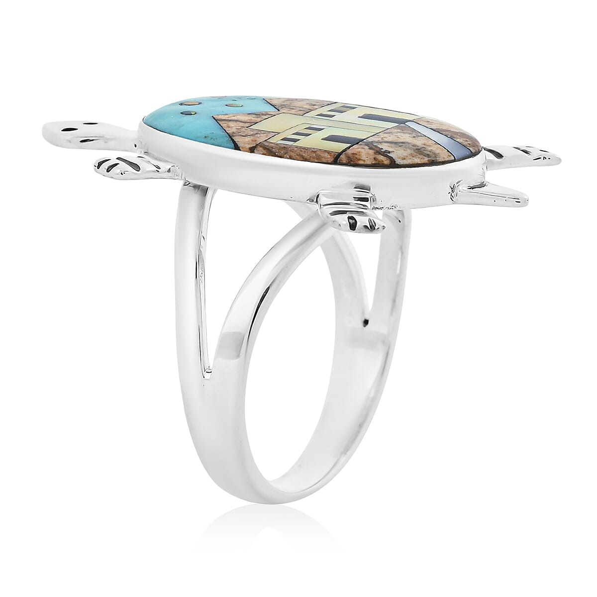 Santa Fe Style Kingman Turquoise and Multi Gemstone 7.25 ctw Pueblo Ring in Sterling Silver (Size 10.0) image number 3