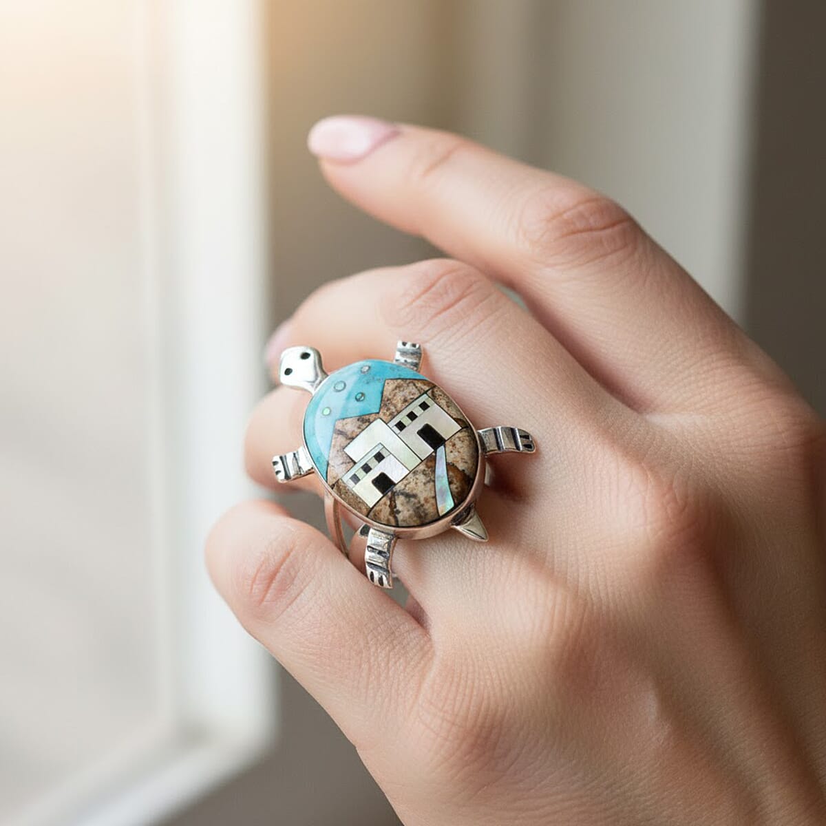Santa Fe Style Kingman Turquoise and Multi Gemstone 7.25 ctw Pueblo Ring in Sterling Silver (Size 11.0) image number 2