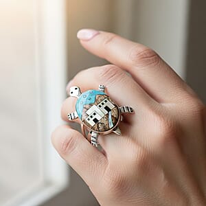 Santa Fe Style Kingman Turquoise and Multi Gemstone 7.25 ctw Pueblo Ring in Sterling Silver (Size 11.0)