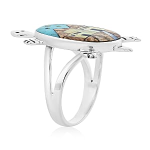 Santa Fe Style Kingman Turquoise and Multi Gemstone 7.25 ctw Pueblo Ring in Sterling Silver (Size 11.0)