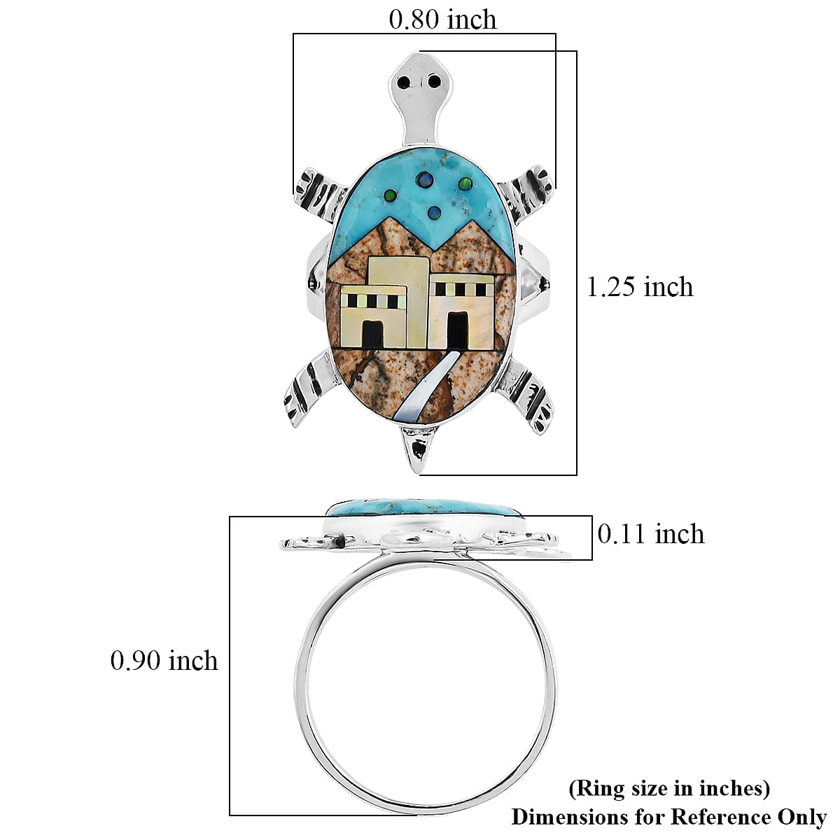 Santa Fe Style Kingman Turquoise and Multi Gemstone 7.25 ctw Pueblo Ring in Sterling Silver (Size 11.0) image number 4