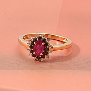 D'Joy Montepuez Ruby, White and Coffee Zircon Ring in 18K Vermeil YG Over Sterling Silver 1.15 ctw (Size 10.0)