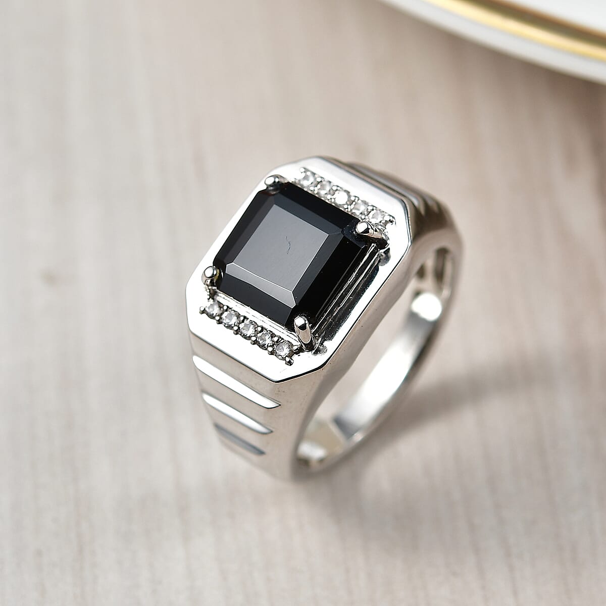 EverTrue Thai Black Spinel, White Zircon Men's Ring in Platinum Bond (Size 10.0) 5.60 ctw image number 1