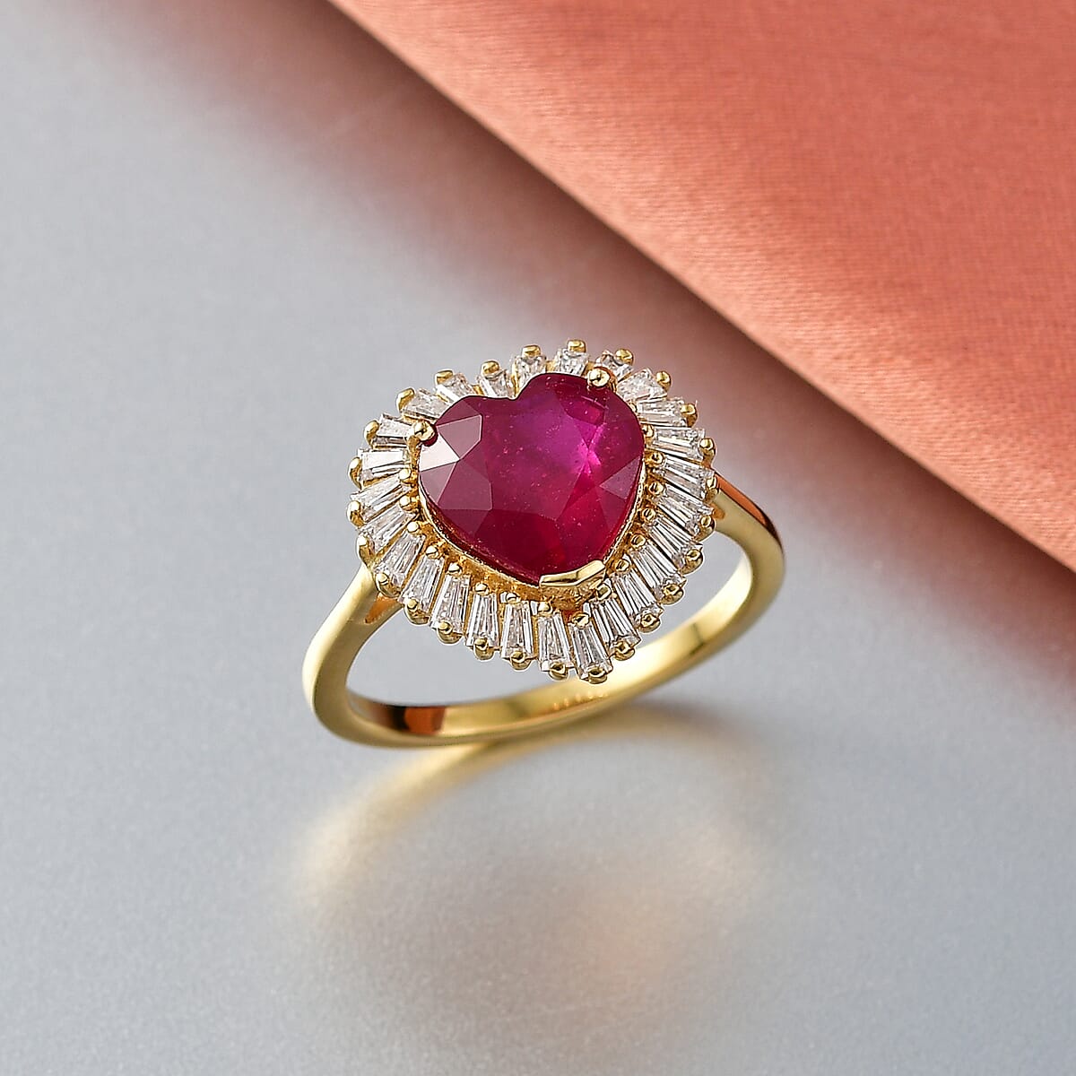 D'Joy Premium Niassa Ruby (FF) and Moissanite 5.90 ctw Heart Ring in 18K Vermeil Yellow Gold Over Sterling Silver (Size 9.0) image number 1
