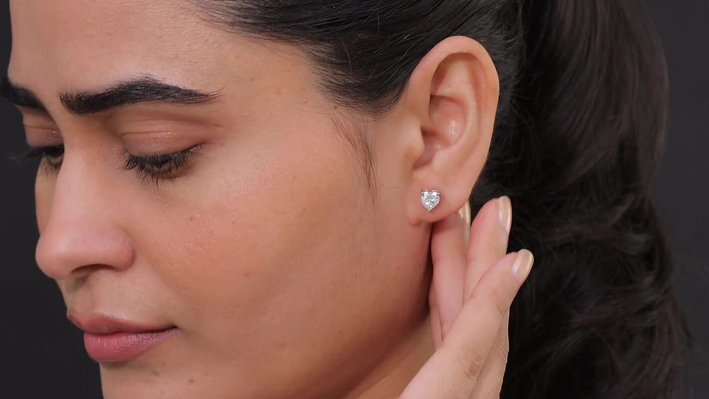 D'Joy Premium Moissanite 1.65 ctw Heart Stud Earrings in Rhodium Over Sterling Silver