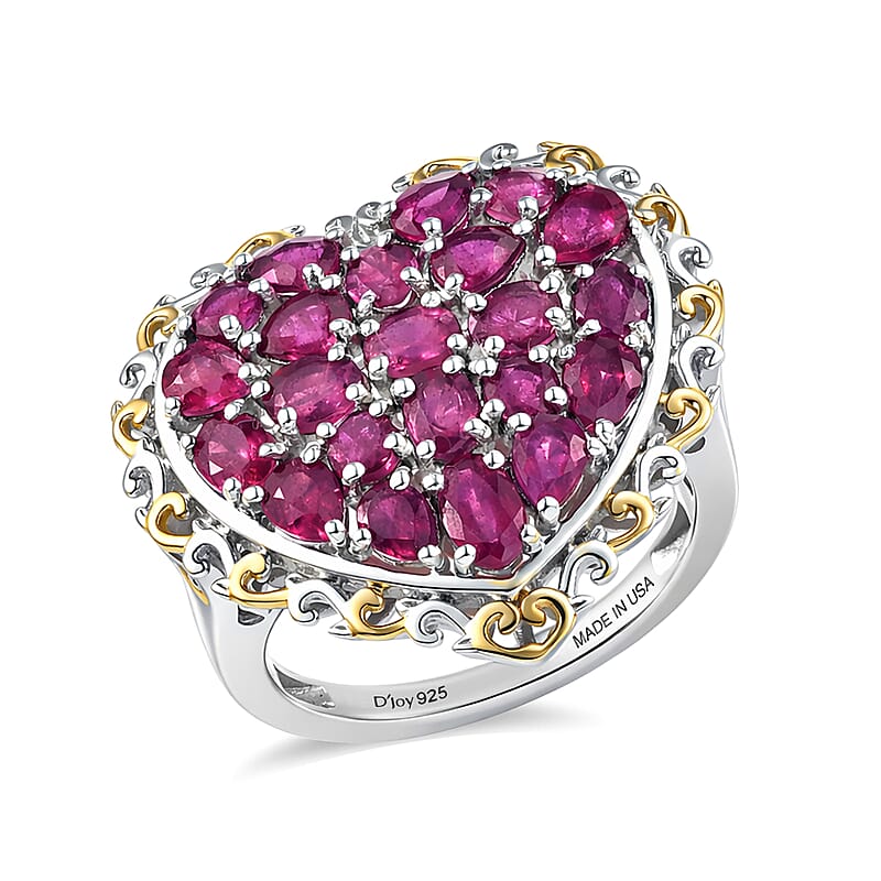 D'Joy Niassa Ruby (FF) 5.50 ctw Heart Ring in 18K Vermeil Yellow Gold and Rhodium Over Sterling Silver (Size 8.0)