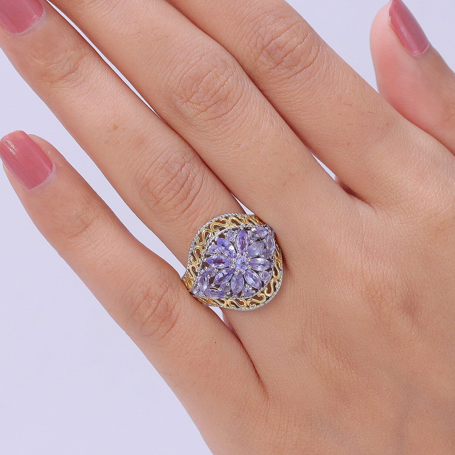 EverTrue Tanzanite 2.10 ctw Sunflower Bloom Ring in 18K YG Plated and Platinum Bond (Size 5.0)