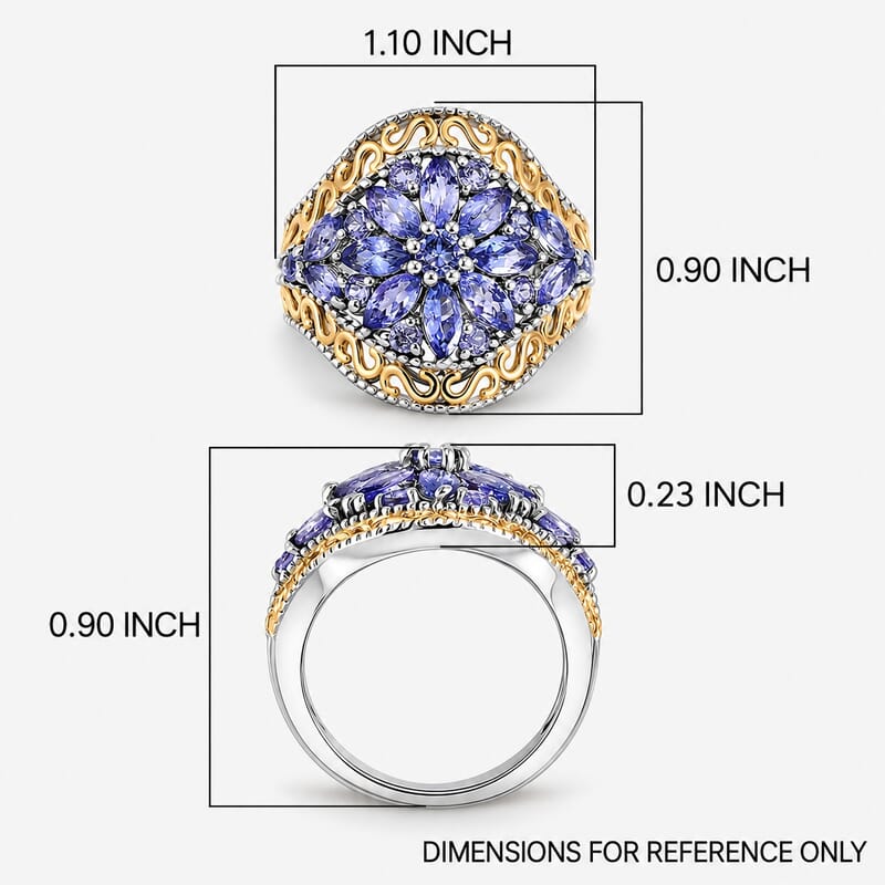 EverTrue Tanzanite 2.10 ctw Sunflower Bloom Ring in 18K YG Plated and Platinum Bond (Size 6.0)