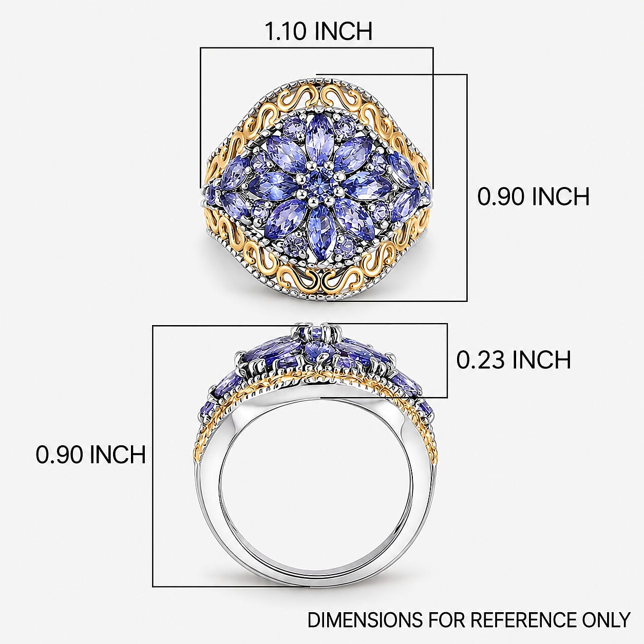 EverTrue Tanzanite 2.10 ctw Sunflower Bloom Ring in 18K YG Plated and Platinum Bond (Size 7.0)