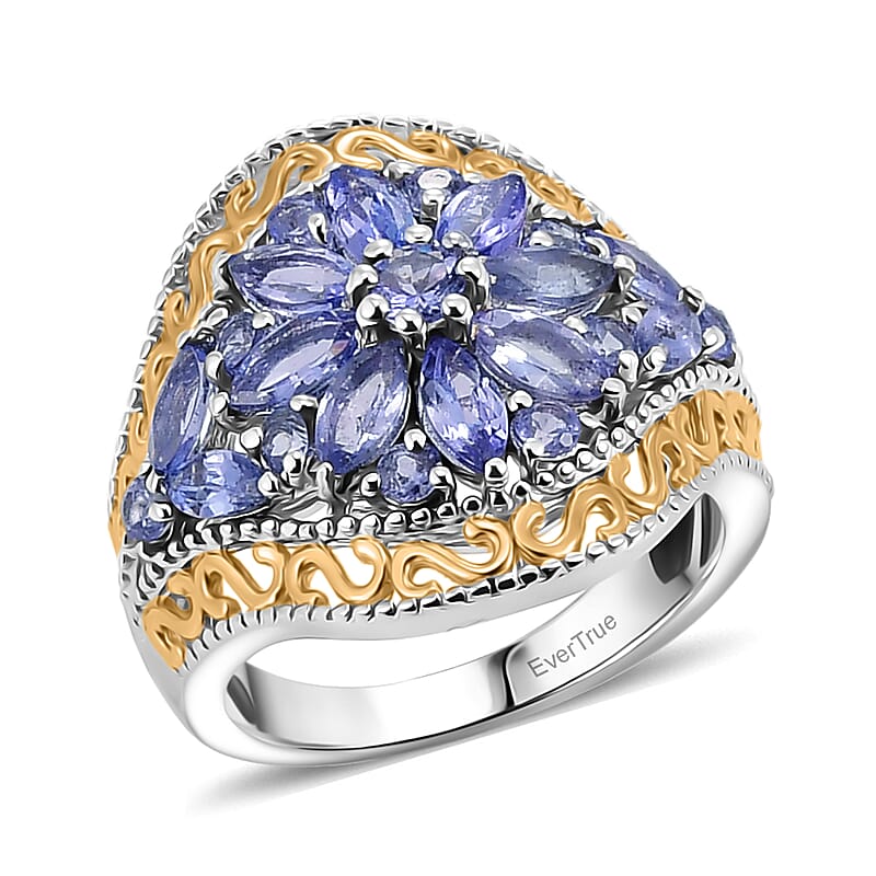 EverTrue Tanzanite 2.10 ctw Sunflower Bloom Ring in 18K YG Plated and Platinum Bond (Size 8.0)