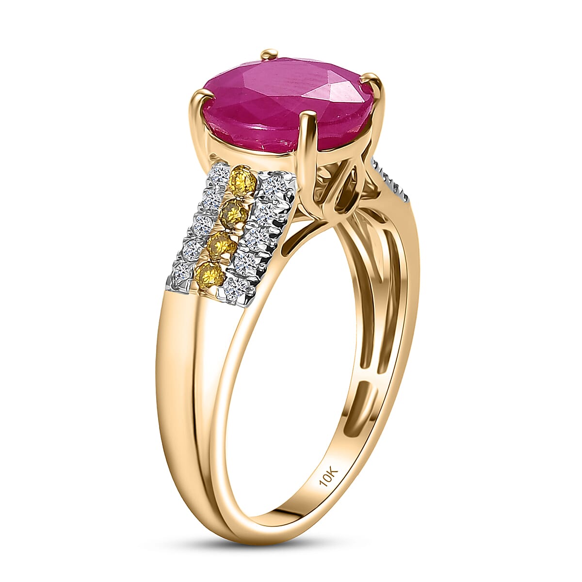 Certified & Appraised AAA Montepuez Ruby and Luxuriant Lab Grown Yellow and White Diamond SI 4.60 ctw Ring in 10K Yellow Gold (Size 10.0) (Del. in 7-10 Days) image number 3