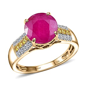 Certified & Appraised 10K Yellow Gold AAA Montepuez Ruby, Luxuriant Lab Grown Yellow and White Diamond (0.40 cts) (SI) Ring (Size 10.0) 4.60 ctw