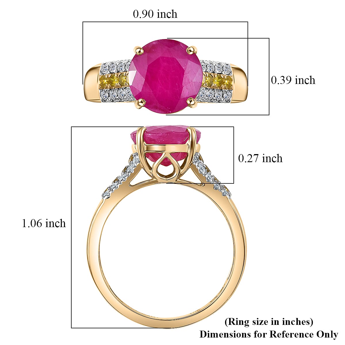 Certified & Appraised AAA Montepuez Ruby, Luxuriant Lab Grown Yellow and White Diamond (SI) 4.56 ctw Ring in 10K Yellow Gold (Size 7.0) (Del. in 7-10 Days) image number 5