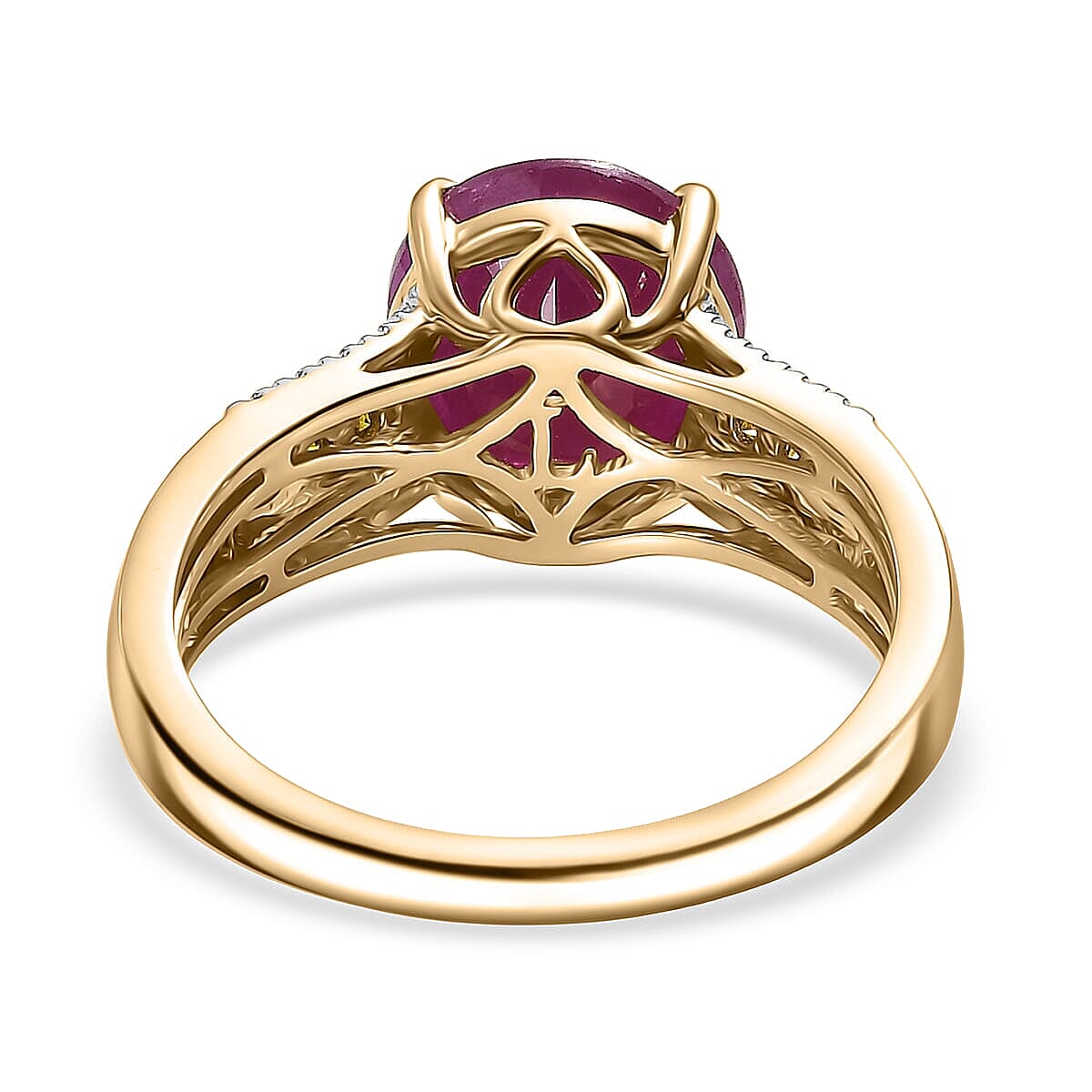 Certified & Appraised AAA Montepuez Ruby and Luxuriant Lab Grown Yellow and White Diamond SI 4.60 ctw Ring in 10K Yellow Gold (Size 9.5) image number 4