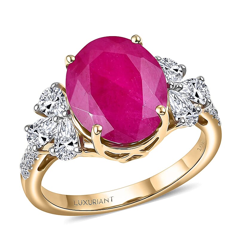 Certified & Appraised AAA Ruby and Luxuriant Lab Grown Diamond G-H SI 5.90 ctw Ring in 10K Yellow Gold (Size 5.0)