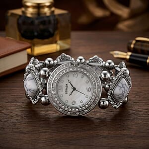 Strada White Resin SL68 Quartz Movement Stretch Bracelet Watch in Silvertone