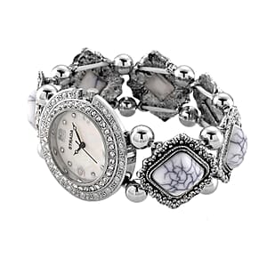 Strada White Resin SL68 Quartz Movement Stretch Bracelet Watch in Silvertone