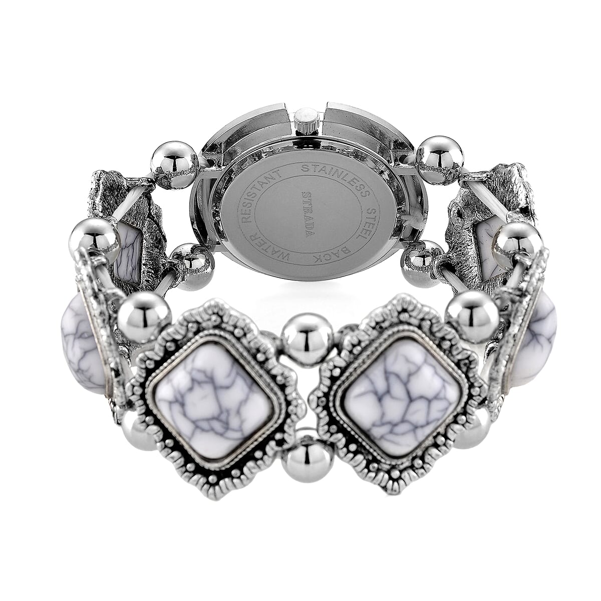 Strada White Resin SL68 Quartz Movement Stretch Bracelet Watch in Silvertone image number 4