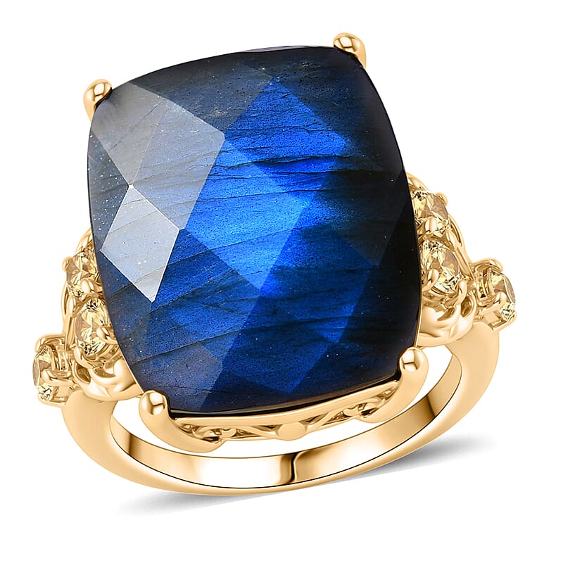 EverTrue Checkerboard Cut Malagasy Labradorite and Brazilian Citrine 18.10 ctw Ring in 18K Yellow Gold Plated (Size 5.0)