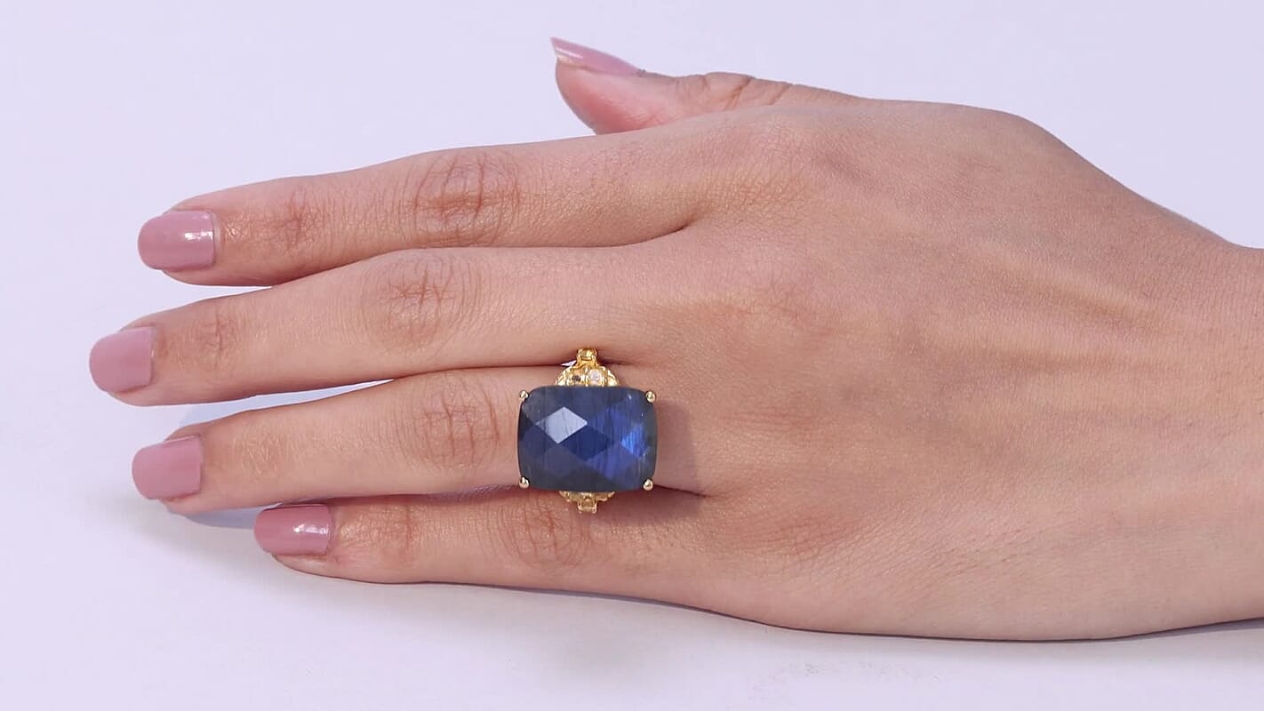 EverTrue Checkerboard Cut Malagasy Labradorite, Brazilian Citrine Ring in 18K YG Plated (Size 10.0) 18.10 ctw