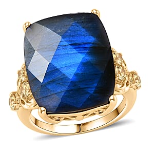 EverTrue Checkerboard Cut Malagasy Labradorite and Brazilian Citrine 18.10 ctw Ring in 18K Yellow Gold Plated (Size 6.0)