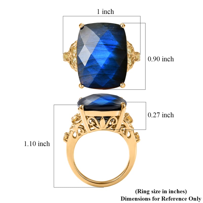 EverTrue Checkerboard Cut Malagasy Labradorite and Brazilian Citrine 18.10 ctw Ring in 18K Yellow Gold Plated (Size 9.0)