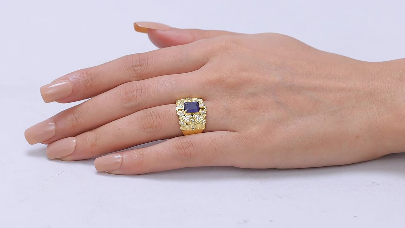 EverTrue Masoala Sapphire (D), White Zircon Ring in 18K YG Plated (Size 10.0) 2.90 ctw
