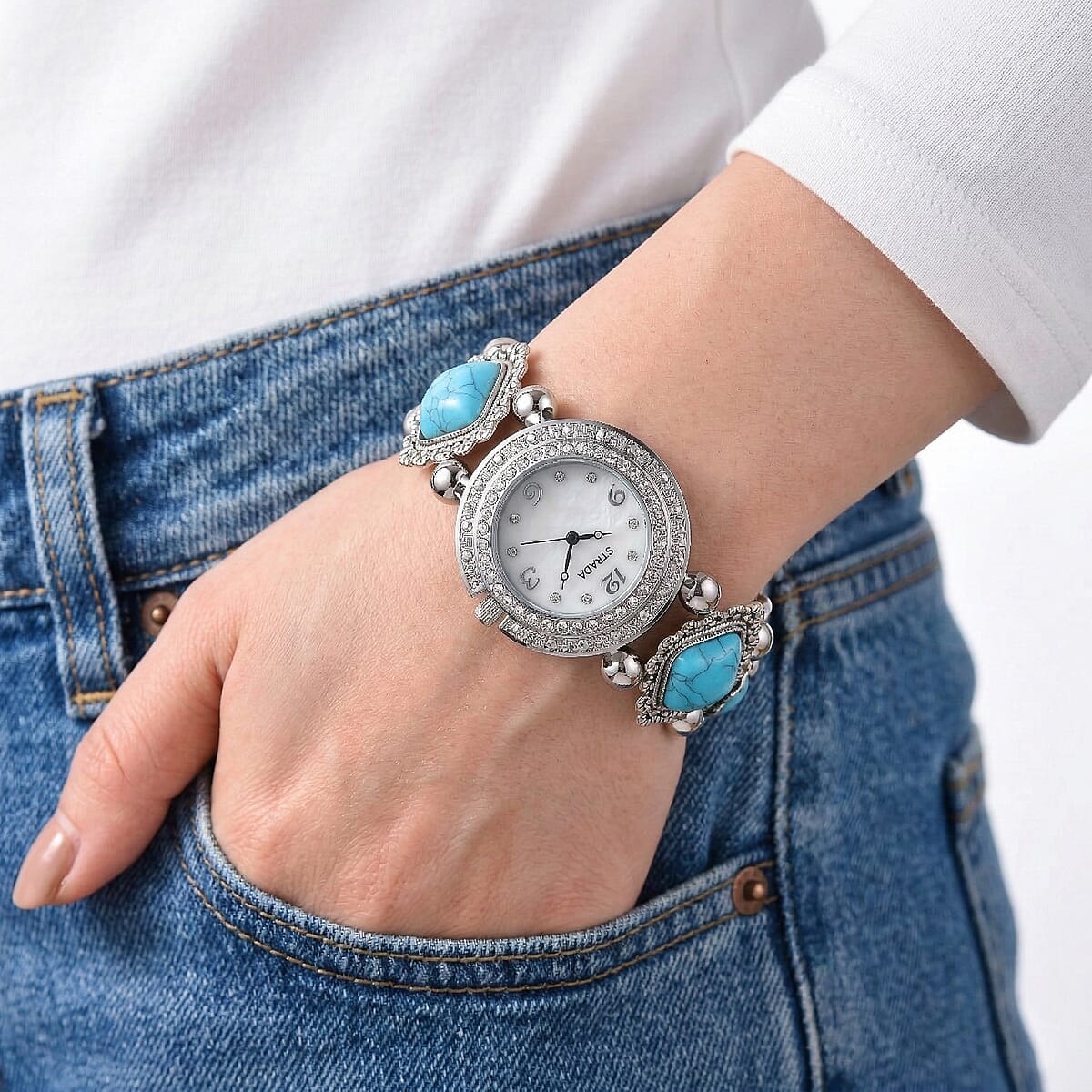 Strada Blue Resin SL68 Quartz Movement Stretch Bracelet Watch in Silvertone image number 2