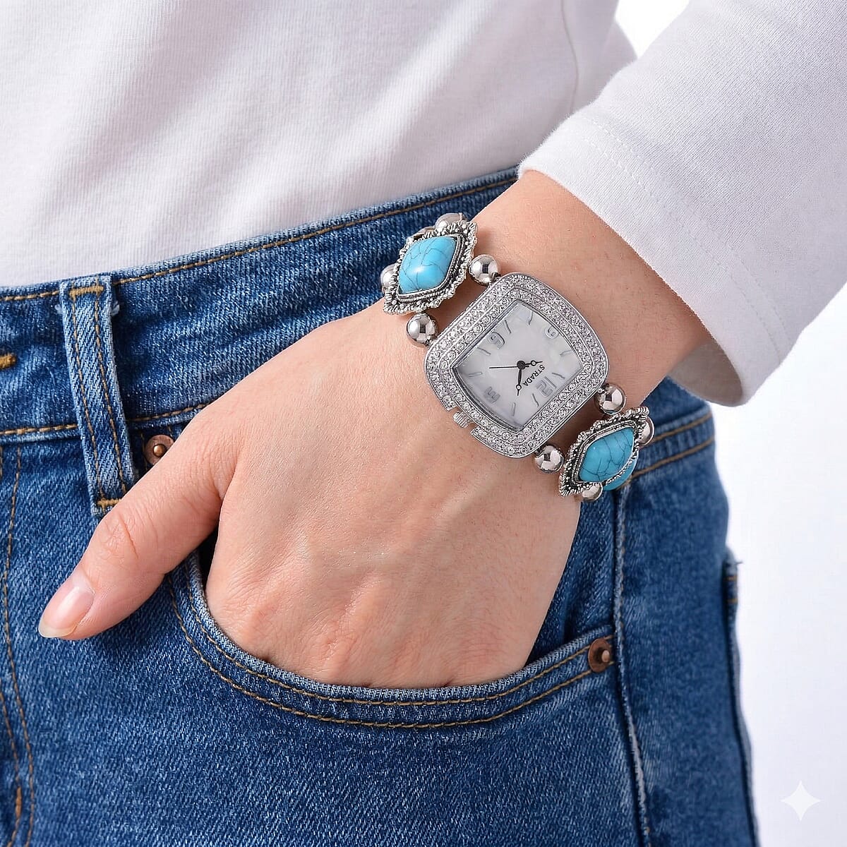 Strada Blue Resin SL68 Quartz Movement Stretch Bracelet Watch in Silvertone image number 2