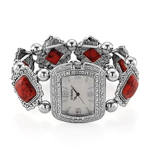 Strada Red Resin SL68 Quartz Movement Stretch Bracelet Watch in Silvertone