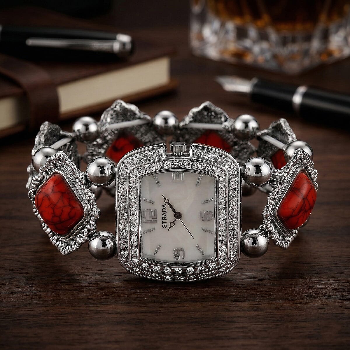 Strada Red Resin SL68 Quartz Movement Stretch Bracelet Watch in Silvertone image number 1