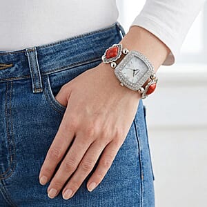 Strada Red Resin SL68 Quartz Movement Stretch Bracelet Watch in Silvertone