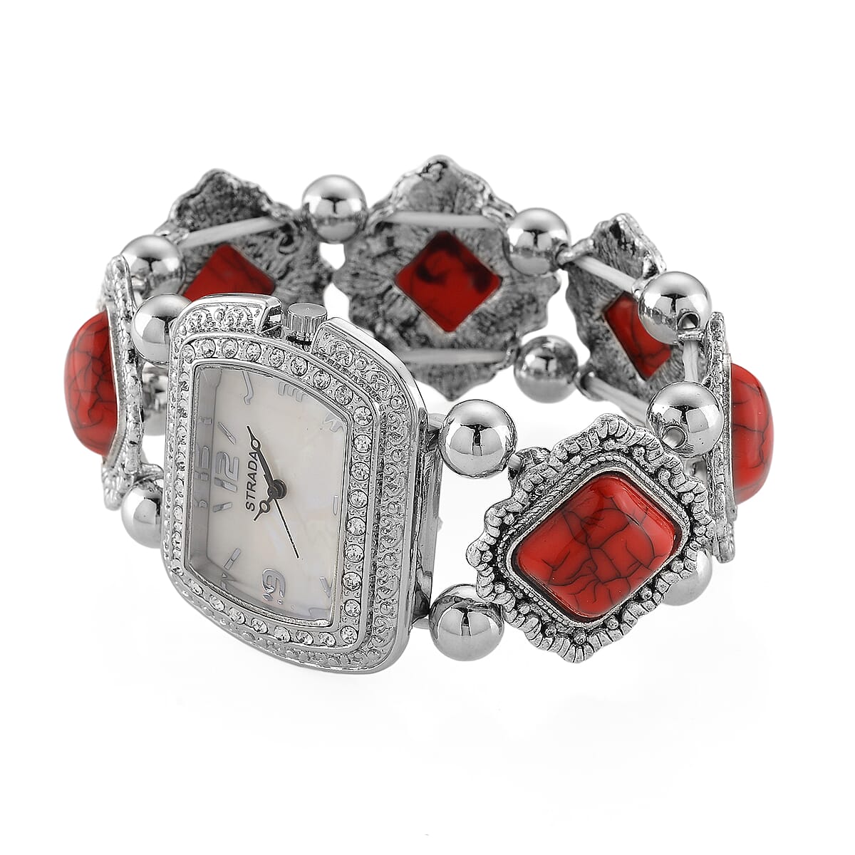Strada Red Resin SL68 Quartz Movement Stretch Bracelet Watch in Silvertone image number 3
