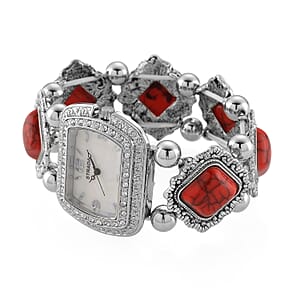 Strada Red Resin SL68 Quartz Movement Stretch Bracelet Watch in Silvertone