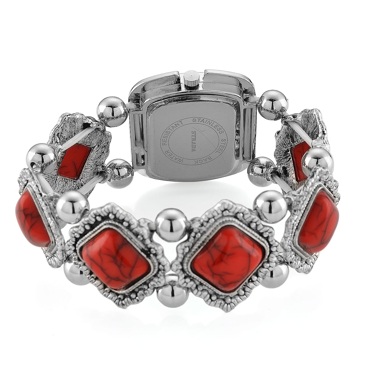 Strada Red Resin SL68 Quartz Movement Stretch Bracelet Watch in Silvertone image number 4