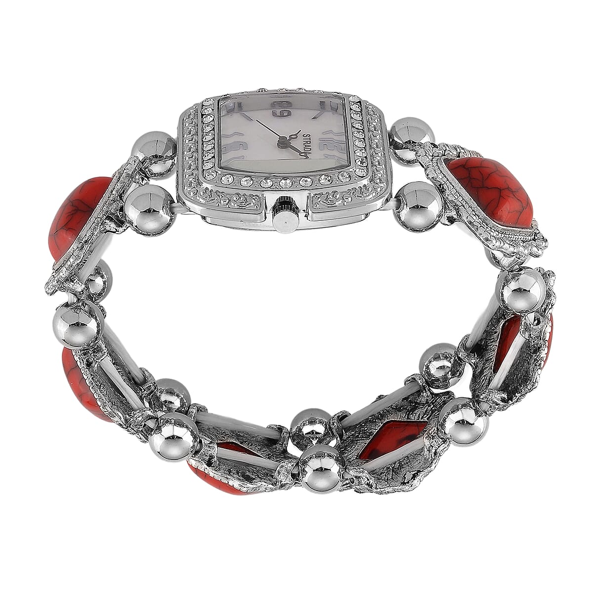 Strada Red Resin SL68 Quartz Movement Stretch Bracelet Watch in Silvertone image number 5