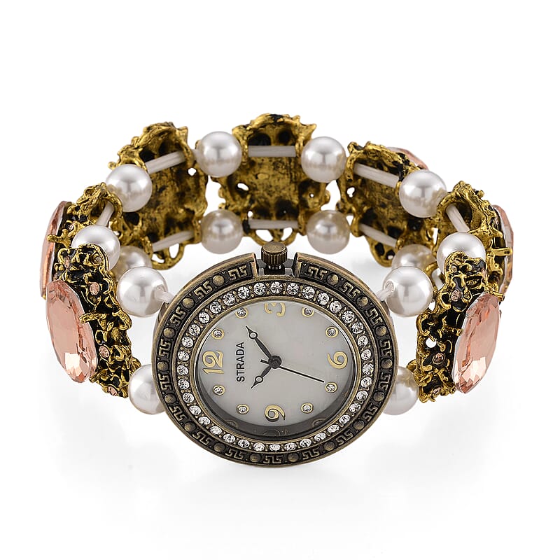 Strada Pink Glass and White Resin Pearl SL68 Quartz Movement Stretch Bracelet Watch in Goldtone