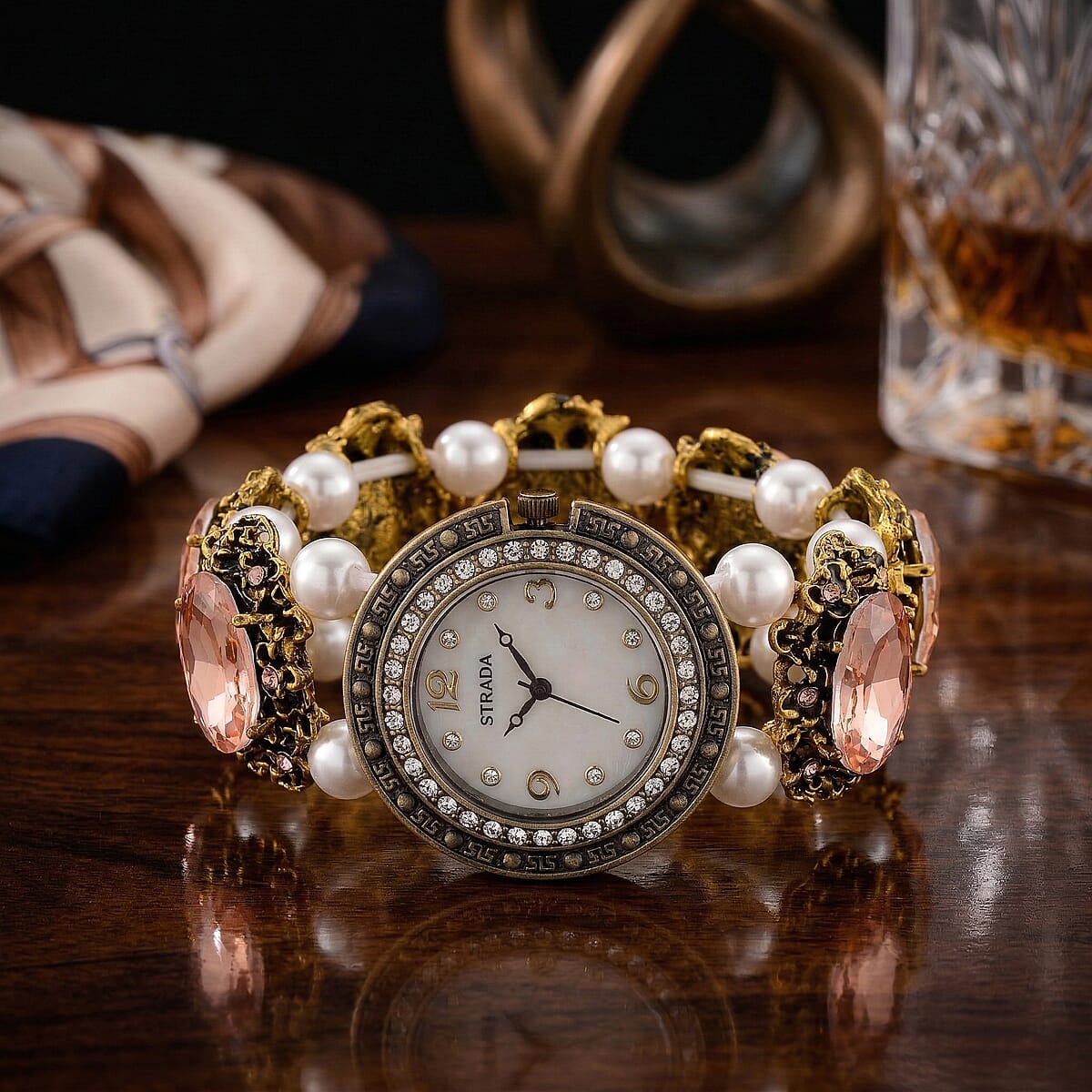 Strada Pink Glass and White Resin Pearl SL68 Quartz Movement Stretch Bracelet Watch in Goldtone image number 1