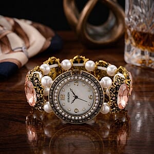 Strada Pink Glass and White Resin Pearl SL68 Quartz Movement Stretch Bracelet Watch in Goldtone