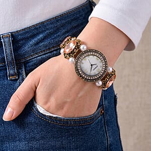 Strada Pink Glass and White Resin Pearl SL68 Quartz Movement Stretch Bracelet Watch in Goldtone