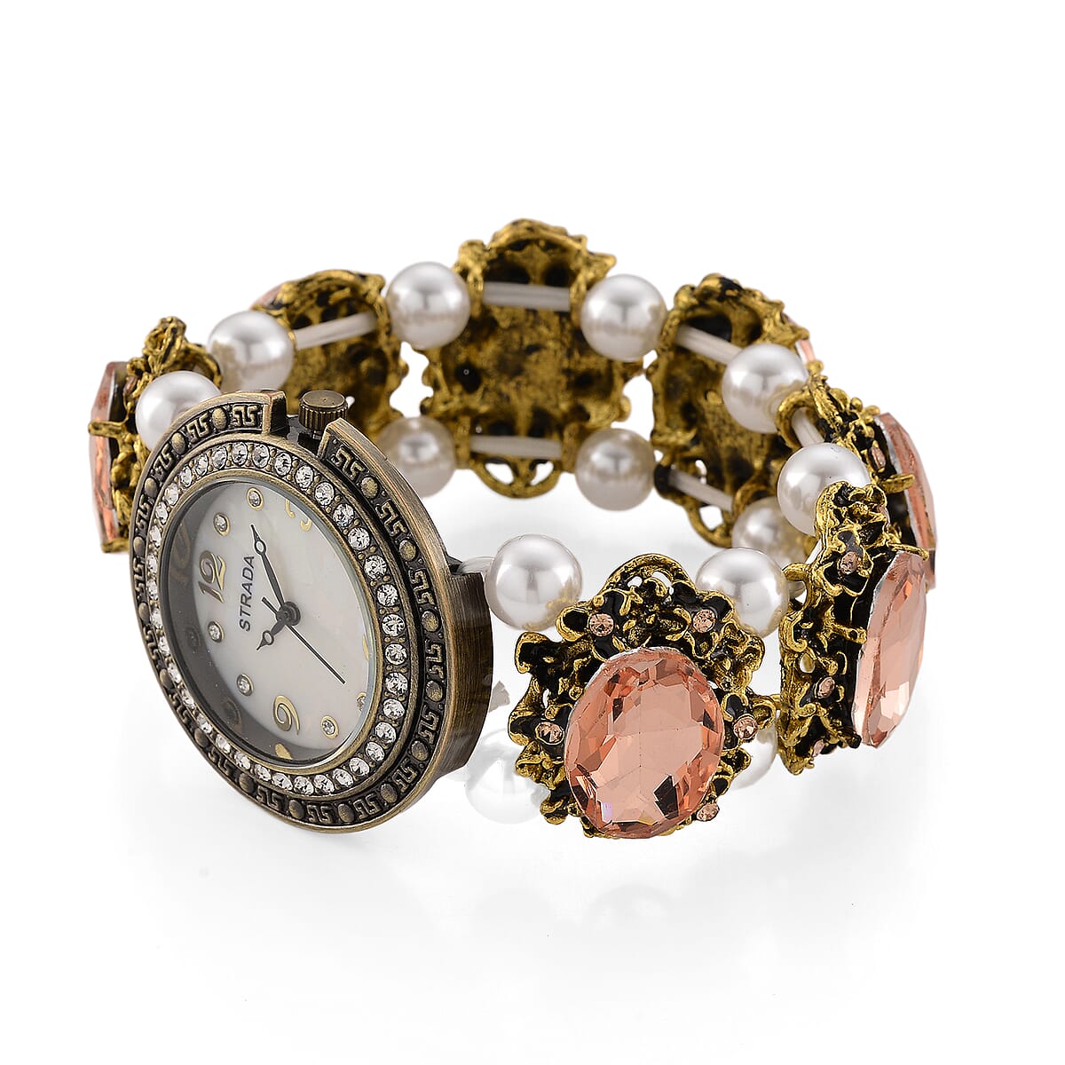 Strada Pink Glass and White Resin Pearl SL68 Quartz Movement Stretch Bracelet Watch in Goldtone image number 3