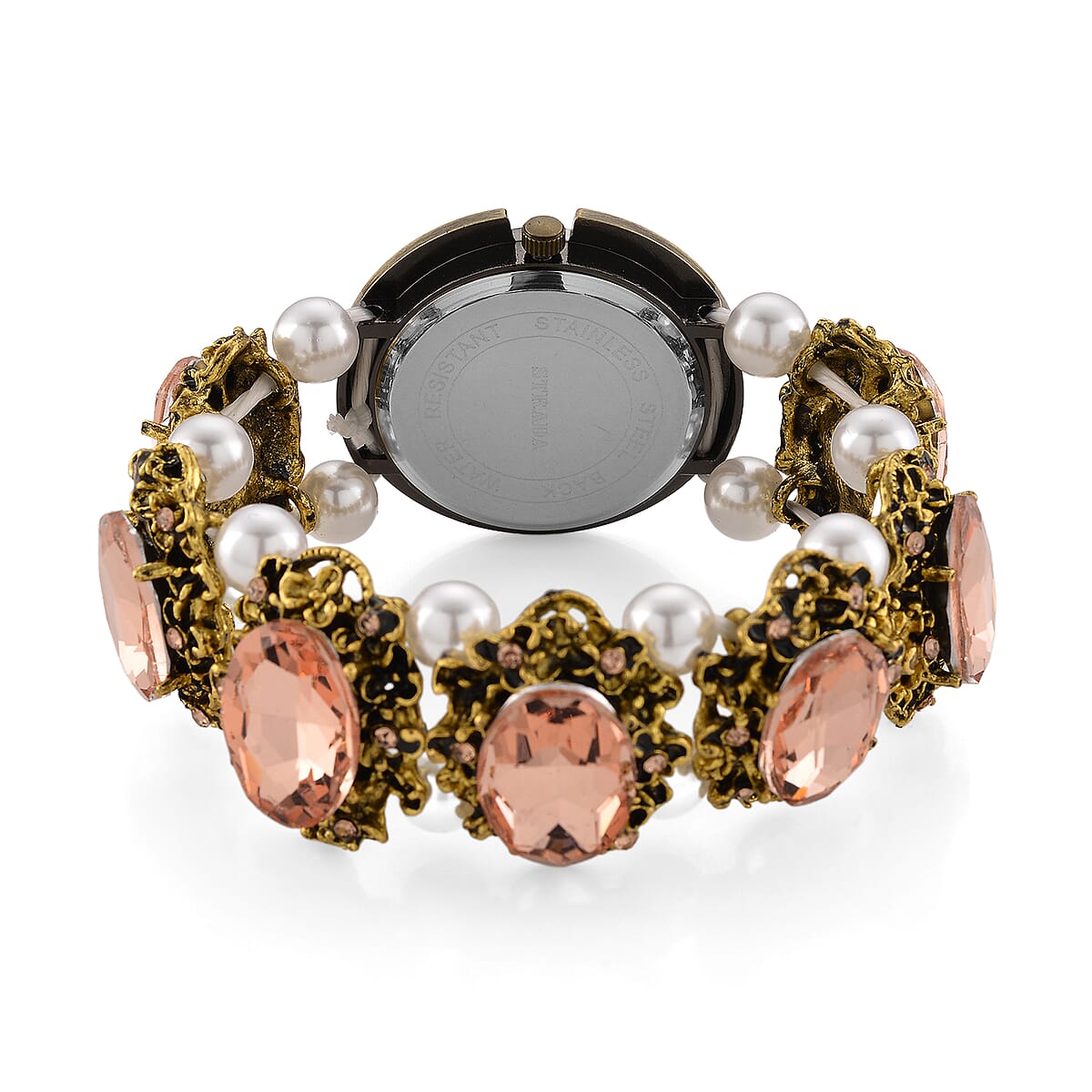 Strada Pink Glass and White Resin Pearl SL68 Quartz Movement Stretch Bracelet Watch in Goldtone image number 4