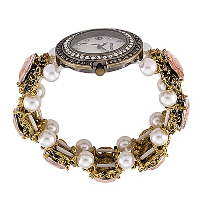 Strada Pink Glass and White Resin Pearl SL68 Quartz Movement Stretch Bracelet Watch in Goldtone