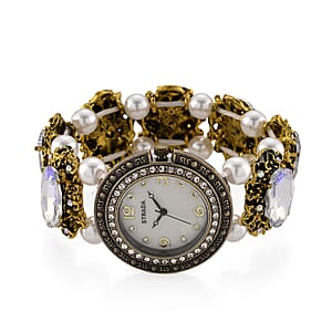 Strada White AB Glass and White Resin Pearl SL68 Quartz Movement Stretch Bracelet Watch in Goldtone