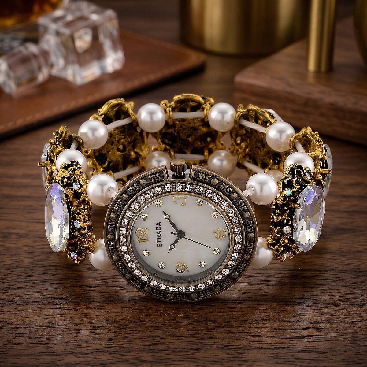 Strada White AB Glass and White Resin Pearl SL68 Quartz Movement Stretch Bracelet Watch in Goldtone image number 1