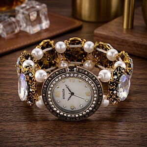 Strada White AB Glass and White Resin Pearl SL68 Quartz Movement Stretch Bracelet Watch in Goldtone
