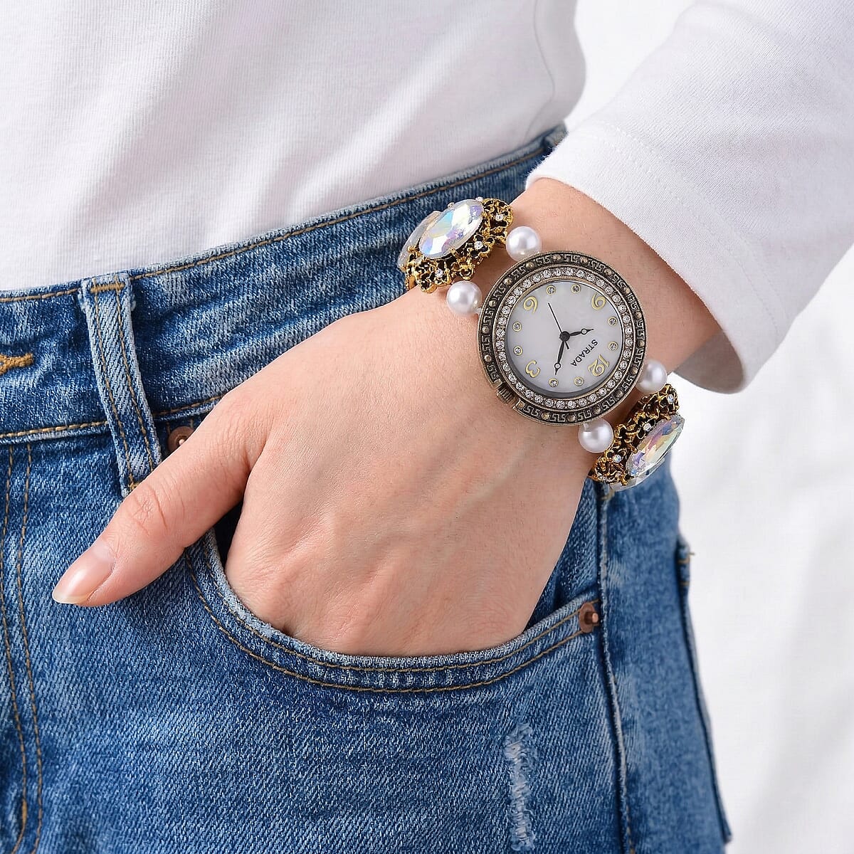 Strada White AB Glass and White Resin Pearl SL68 Quartz Movement Stretch Bracelet Watch in Goldtone image number 2