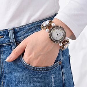 Strada White AB Glass and White Resin Pearl SL68 Quartz Movement Stretch Bracelet Watch in Goldtone